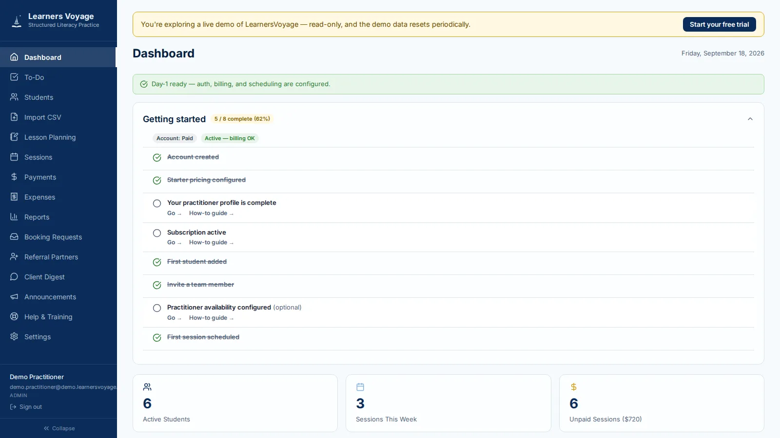 The LearnersVoyage dashboard with to-do tasks and AI insight flags