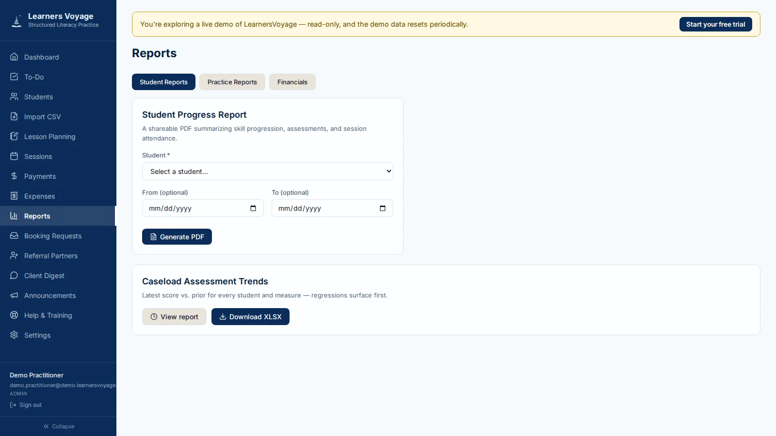 LearnersVoyage reports — generate a student progress PDF or export caseload assessment trends