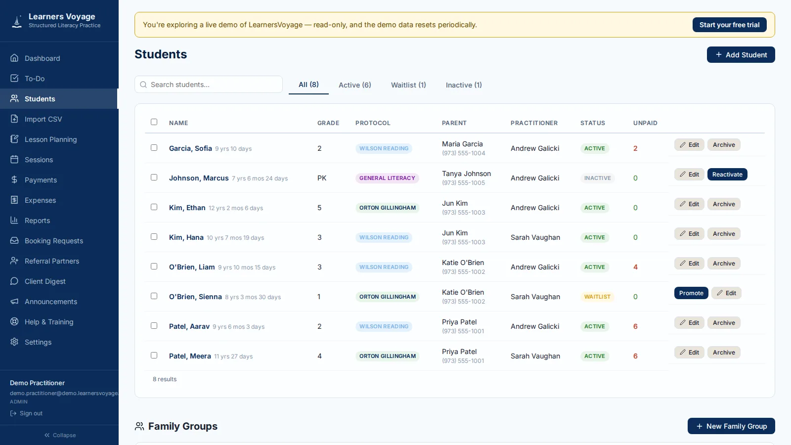 LearnersVoyage student roster with Wilson Reading and Orton-Gillingham protocol labels